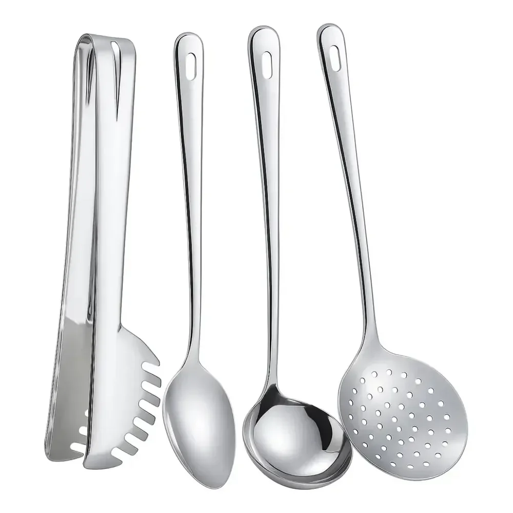 Jogo 4 Utensílios De Cozinha Inox Kit Colher Escumadeira Concha Pegador Aço Inoxidável Cabo Resistente Para Preparar Servir Receitas Panelas Gourmet Prateado