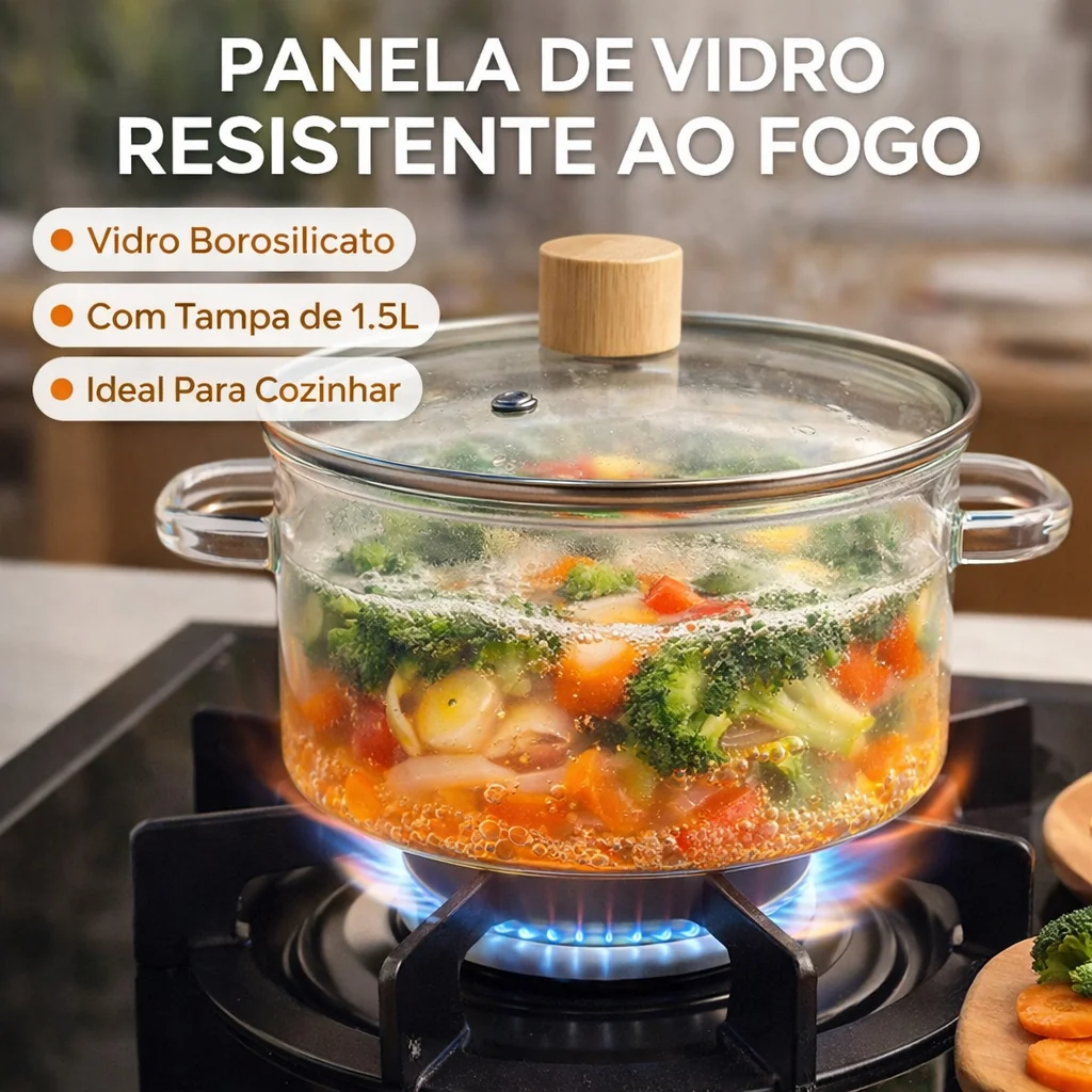 Tigela Caçarola de Vidro Borossilicato com Tampa 1,5L Transparente Premium para Sopas, Caldos, Molhos e Mesa Posta