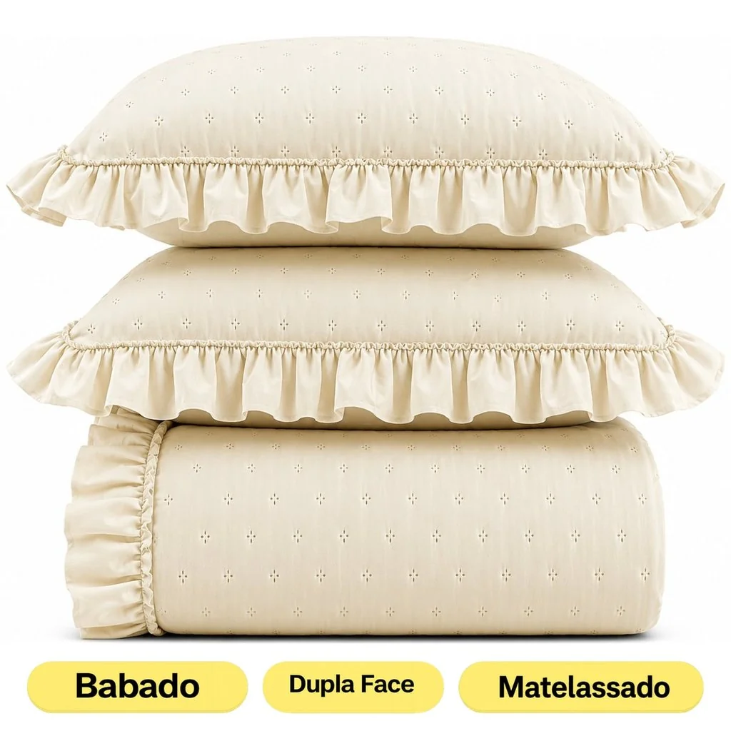Colcha Cobre Leito Bella com Babado Matelassado Cores Lisas com Porta Travesseiro EDDI Casa