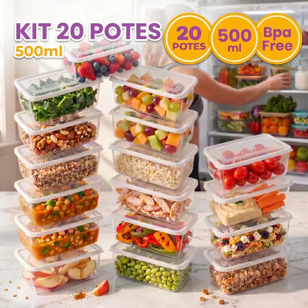 Kit 20 Potes 500 Ml Transparente Marmita Fitness Bpa Free Reutilizável Tampa Hermética Micro E Freezer Ponte Lar Utilidades