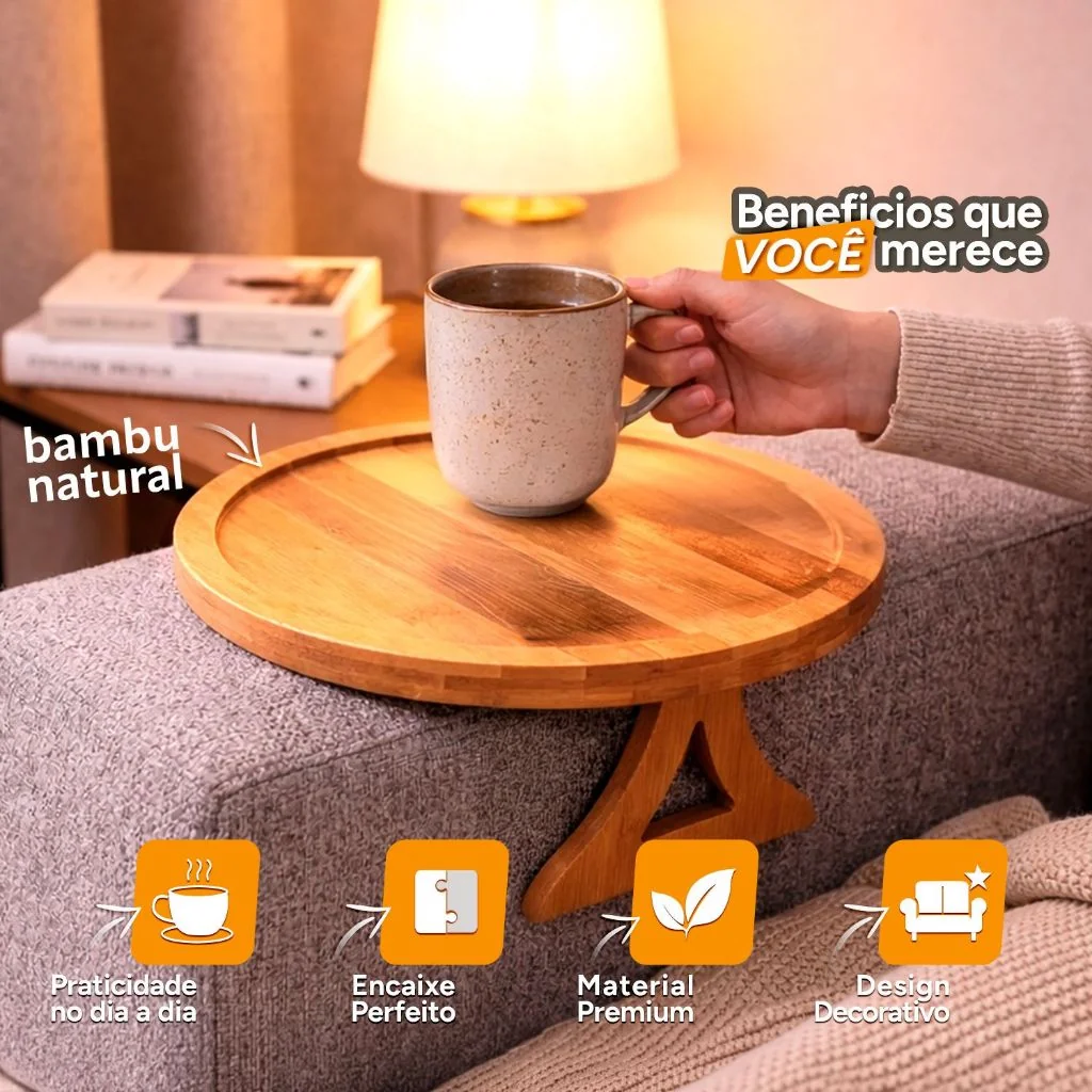 Suporte Redondo Natural Dobrável para Pratos Copos Sofá Mesa Rústico