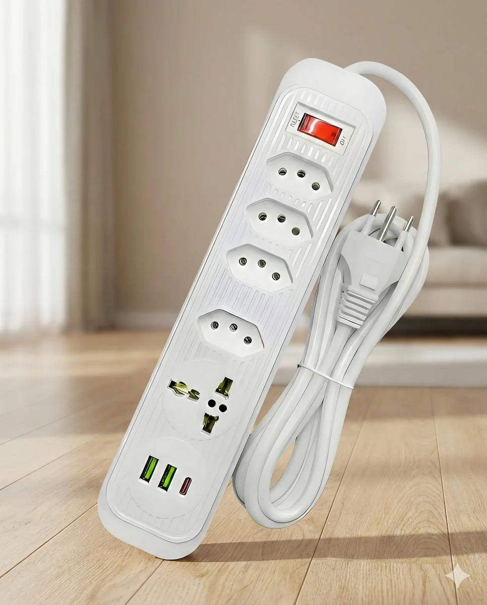 Extensão Elétrica 2 Metros, 5 Tomadas, 2 Saídas USB, 1 Saída TipoC, Botão de Liga e Desliga, Régua Com Filtro de Linha, Protege Seus Dispositivos Contra Curtos e Sobrecargas, 110V a 220V, Até 2500W