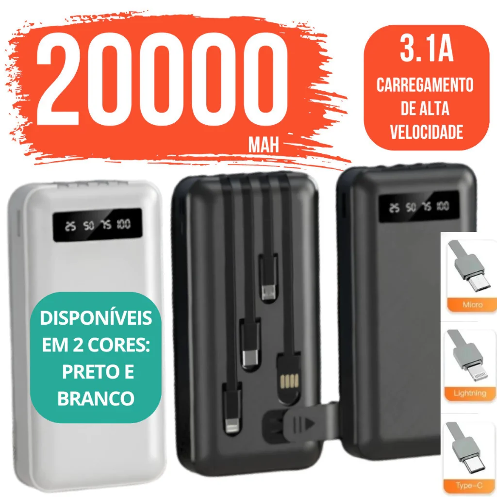 Carregador Power Bank Portátil de celular 20000mah Universal Saida 4 Cabos techo pro