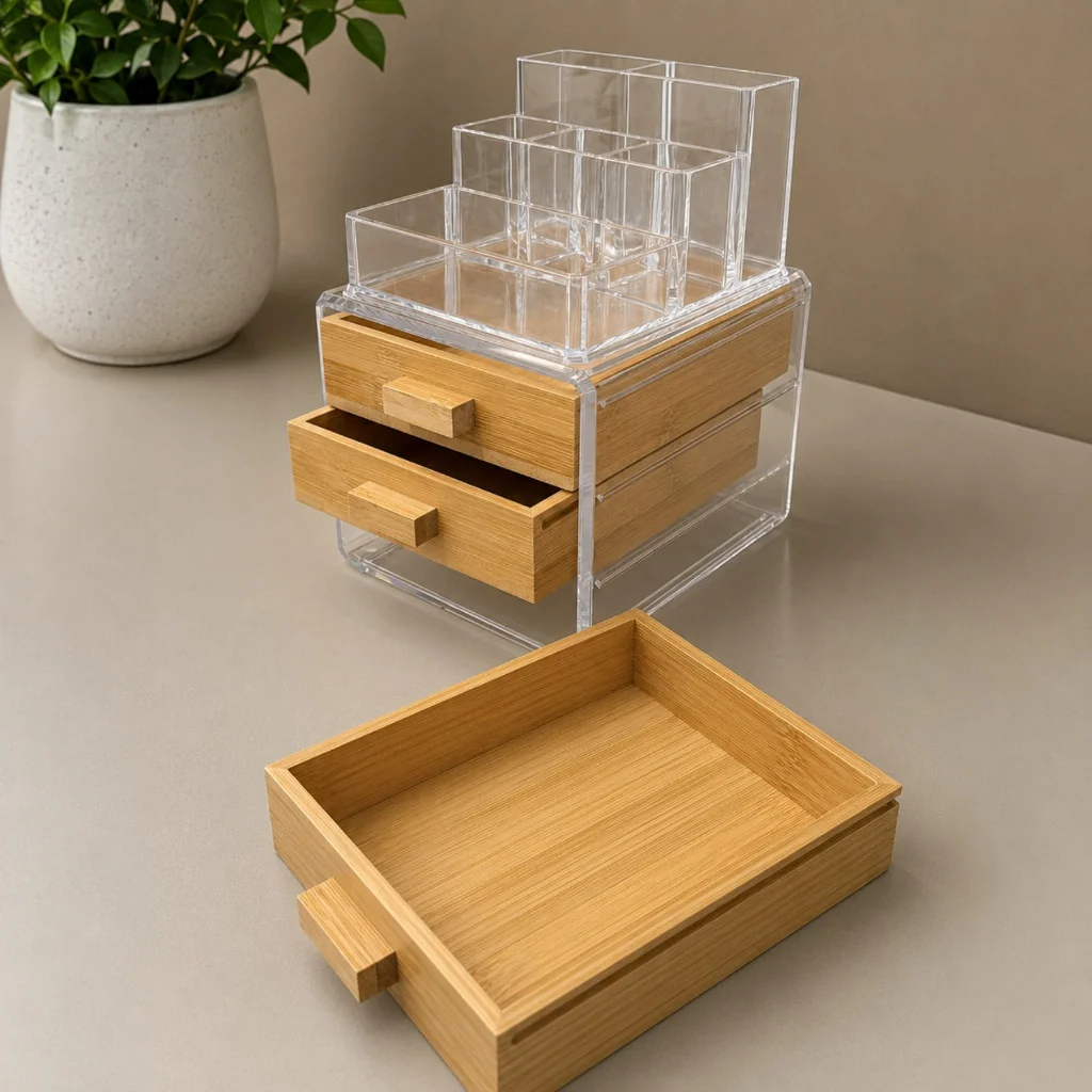 Kit Organizador Maquiagem com Porta Joia e Gavetas Bambu