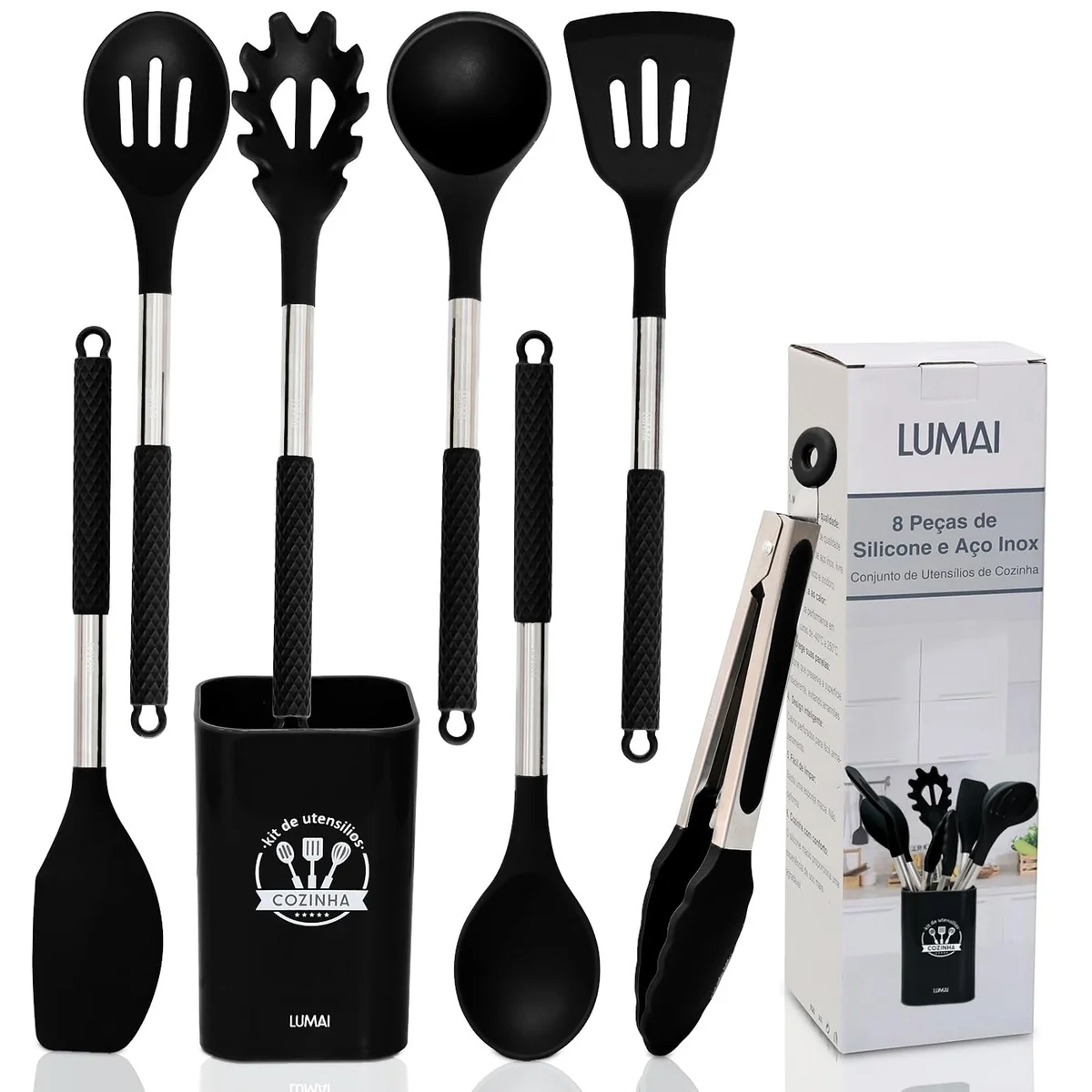LUMAI Kit Utensílios de Cozinha Inox e Silicone 8 Peças com Suporte - Preto