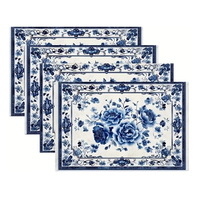 4 Peças De Tapete Americano Com Padrão De Porcelana Azul E B Pm 501 As Picture