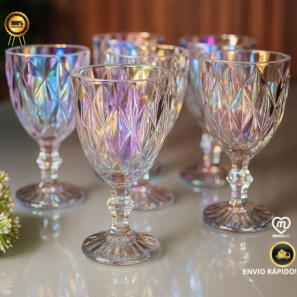 Jogo 6 Taças De Vidro Luxo Diamond Rainbow Furta Cor Transparente 330ML