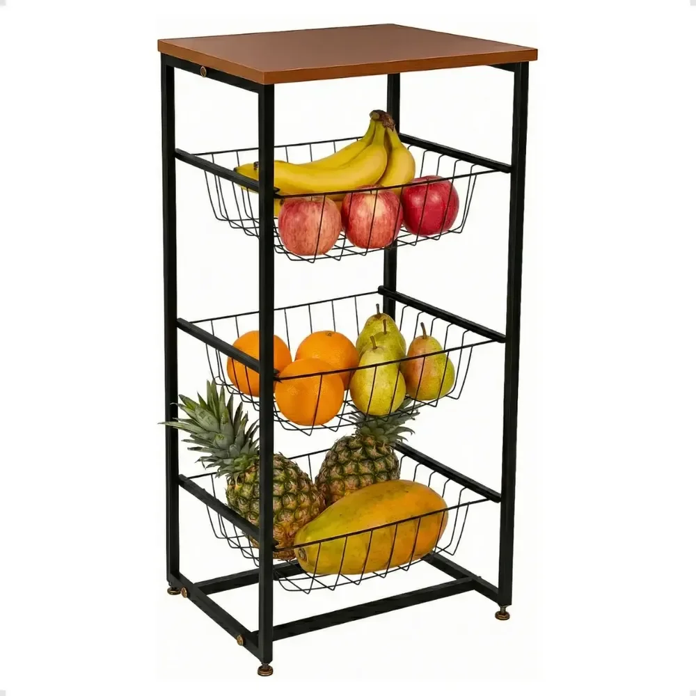 Fruteira Chão Cozinha Mesa Bebedouro Suporte Microondas Aço Preto / Freijó