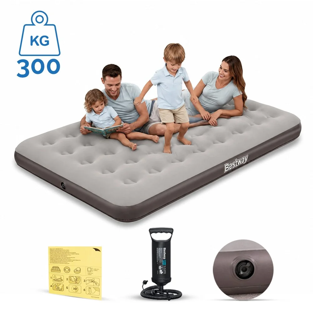 Colchão Inflável Bege Suporta 300kg Casal Camping Praia + Bomba de Ar Manual Bestway