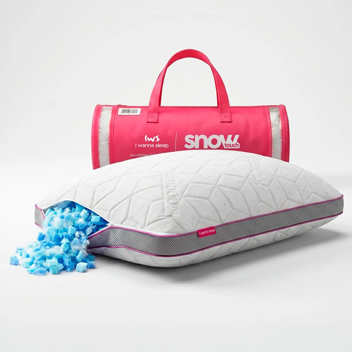 Travesseiro Ajustável - I wanna sleep - Snow®, flocos de espuma removíveis para controle da altura, ideal para dores na coluna, altura perfeita, alívio de pressão, tecido em bambu respirável