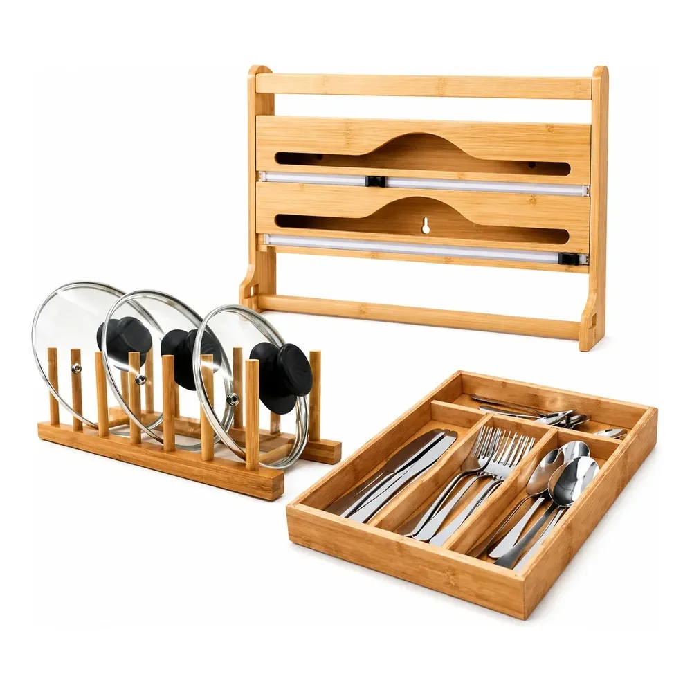 Conjunto Organiza Cozinha Suporte Bambu Porta Copo E Talher Bambu
