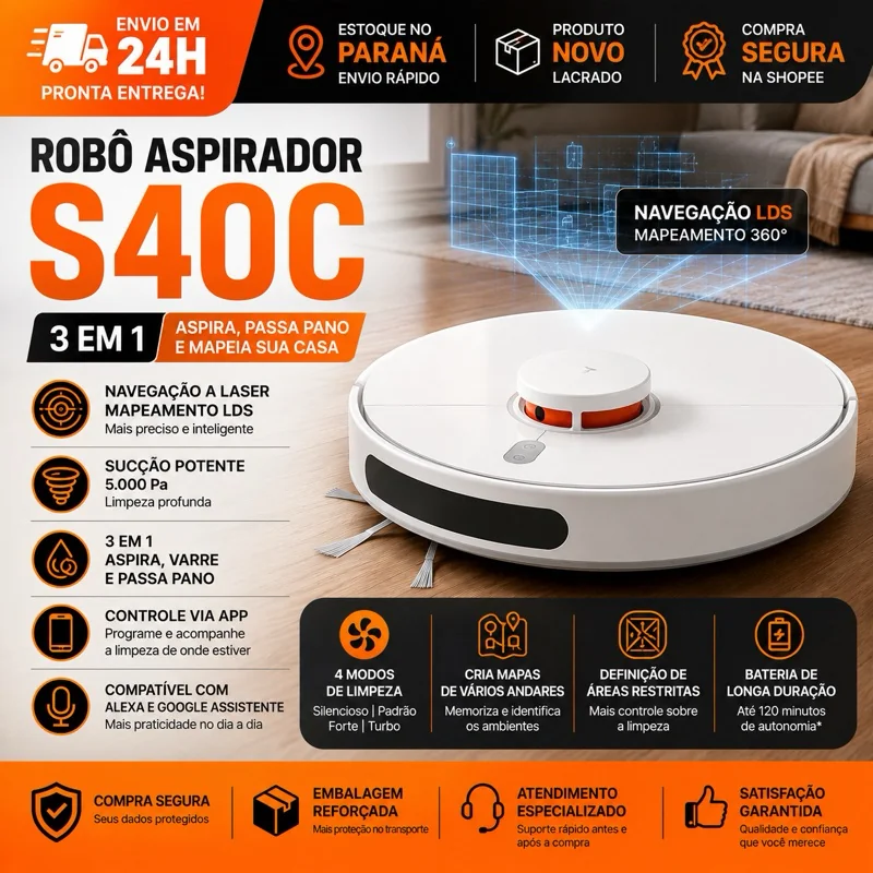 Robô Aspirador Xiaomi S40C Original 3 em 1 Wi-Fi Alexa Mapeamento LDS Aspira Varre Passa Pano Bivolt Caixa Lacrada