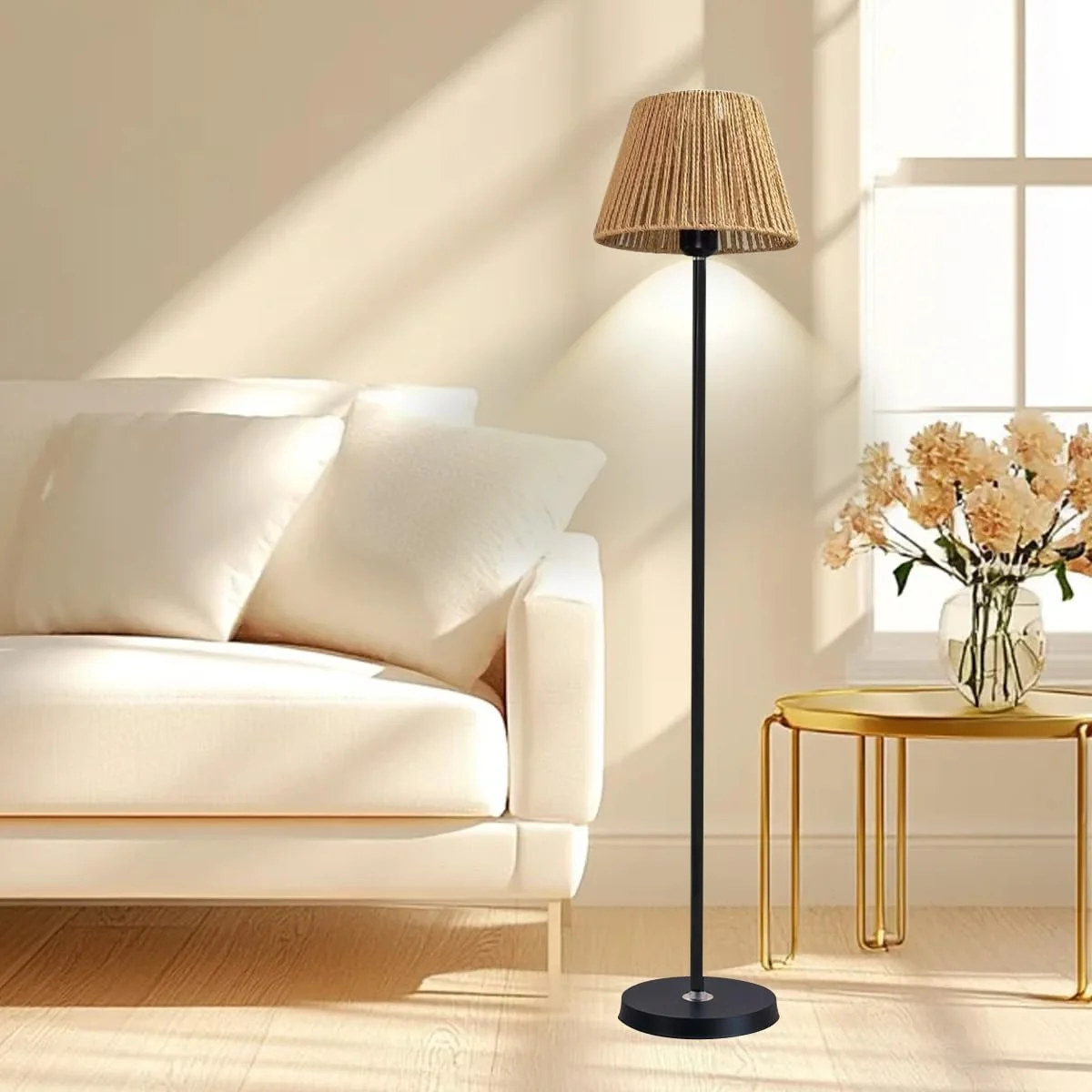 Luminária de Chão em Rattan para Sala e Quarto, 140cm, 110V-220V, Estilo Rústico, Costeiro e Minimalista, Base Estável e Lâmpada 5W Inclusa (Preto)