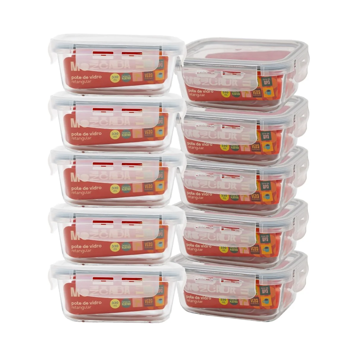 Mozcada - Kit 10 Potes de Vidro Marmita 330ml Hermético com Trava Retangular