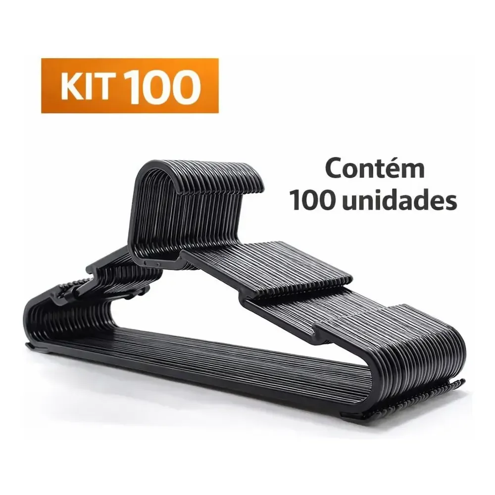 Kit 100 Cabides Pretos Plástico Adulto Organização Preto