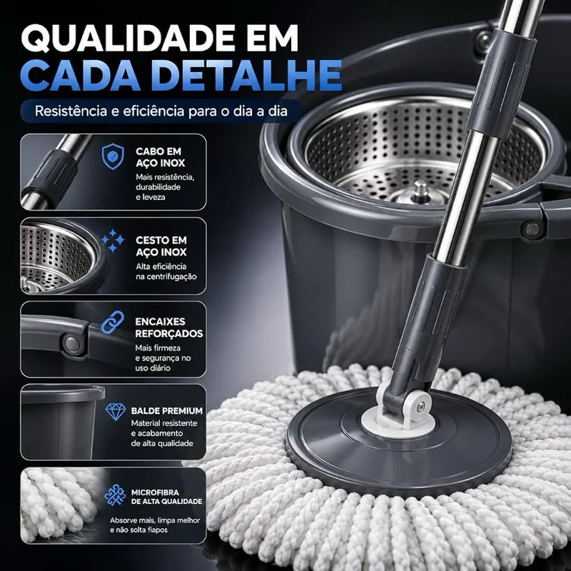Mop Giratório Cesto Inox Cabo  Regulável 9 Litros Resistente