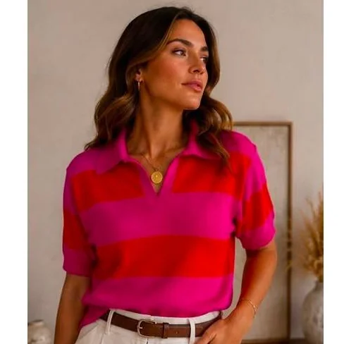 Blusa Polo Feminina Verão Listrada Elegante Tricô Modal Premium Confortável Manga Curta