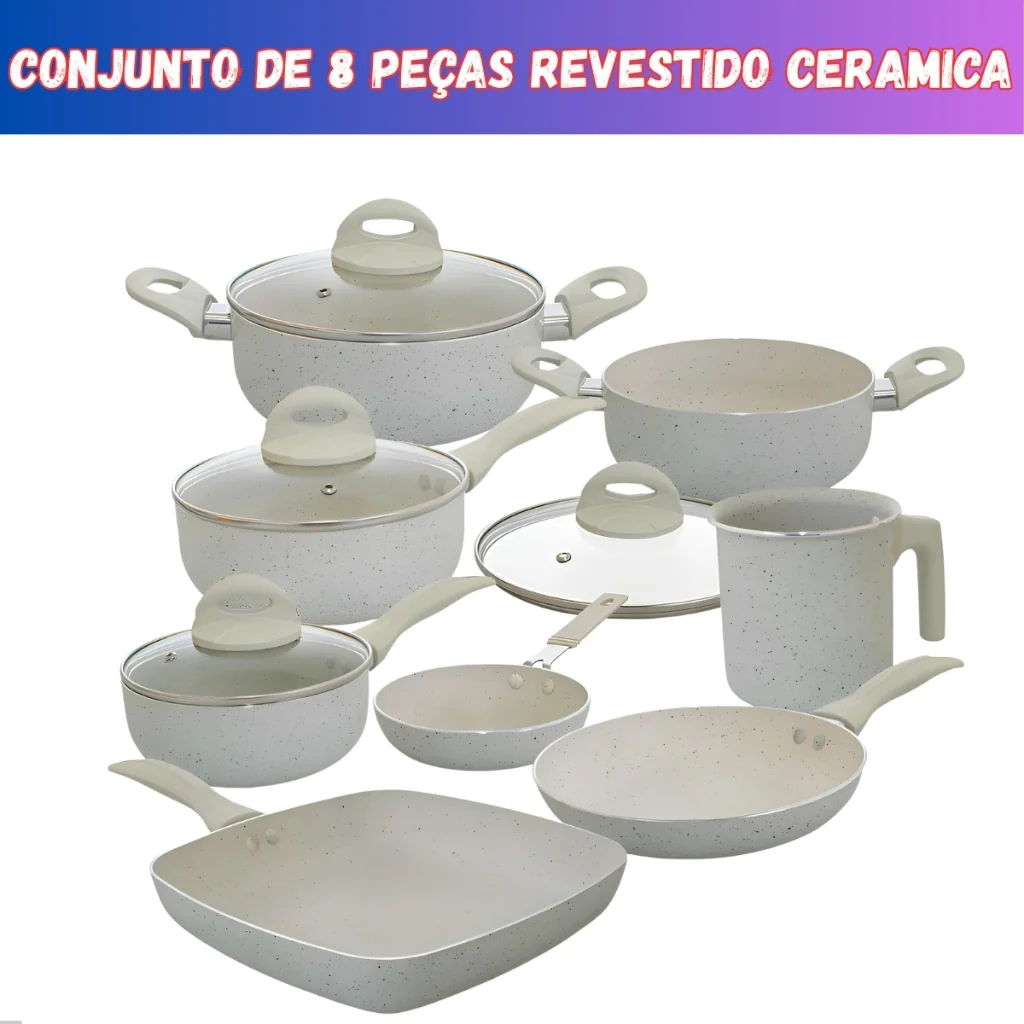 Jogo de Panelas 8 Peças Antiaderente Premium Revestimento Cerâmico Não Gruda Cozinha Completa