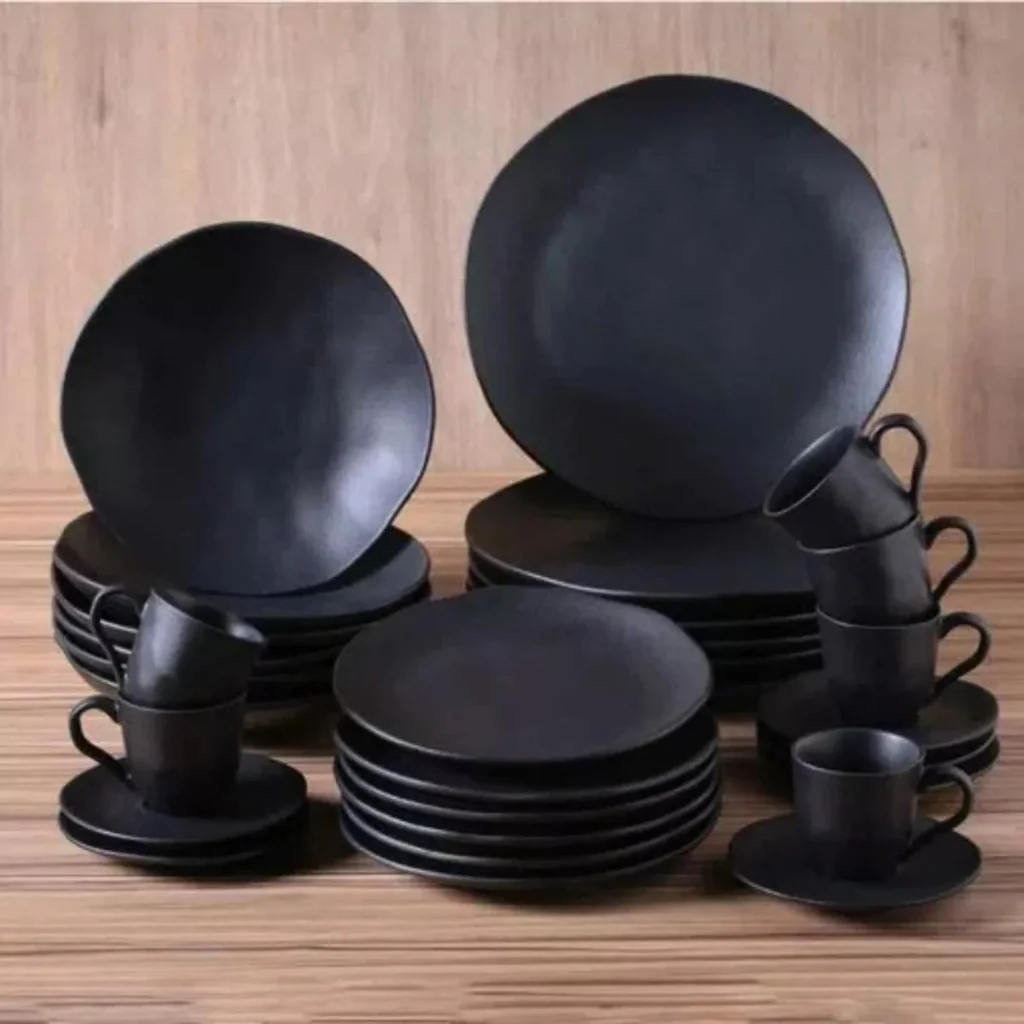 🧡 Jogo de jantar 30 Peças Geo Orgânico Preto Matte Cerâmica Porto Brasil - Kit 6 Pessoas + BRINDE