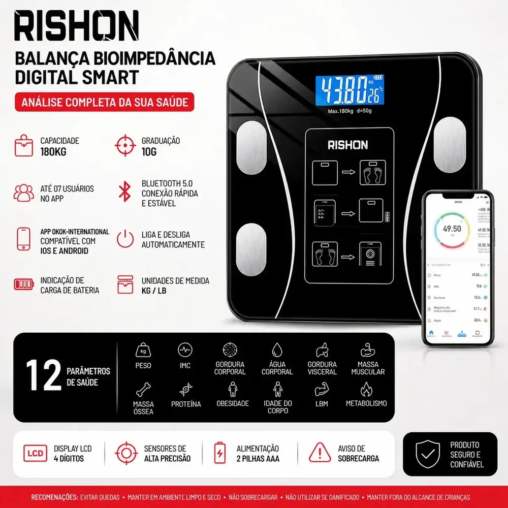 Balança Bioimpedancia Digital 180kg Smart Imc Profissional Rishon Com Aplicativo Preto