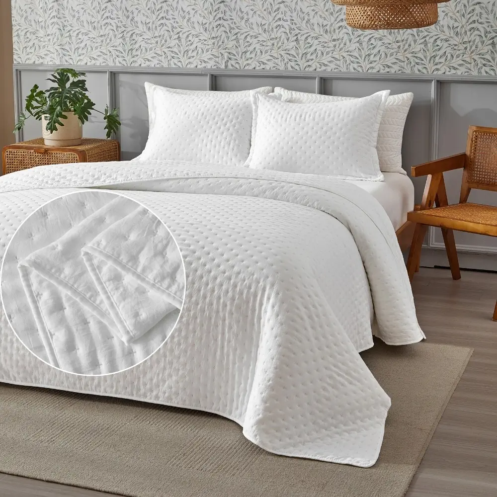 Kit Colcha Cobre Leito 3 Peças 300 Fios Ponto Cruz Macio e Elegante
