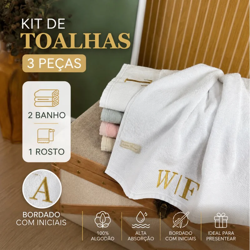Kit 3 Peças de Toalha de Banho e Rosto Bordadas com Duas Iniciais – 100% Algodão Fio Penteado 540g