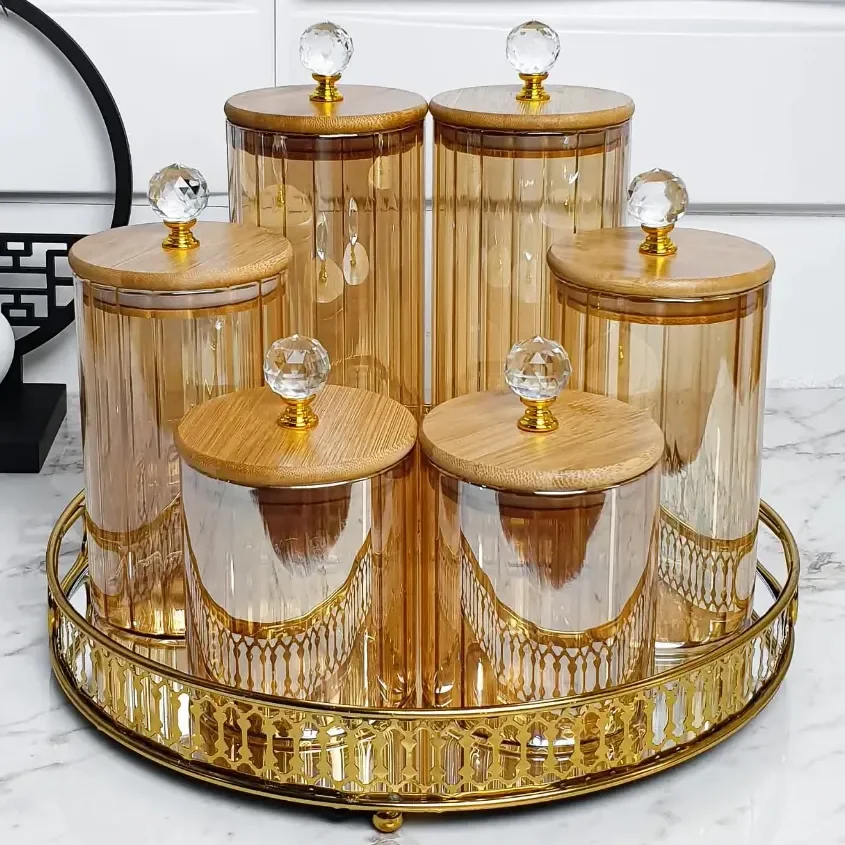 Potes Hermético De Vidro Cristal Luxo Ambar Canelado Kit De 3 Pmg Kit De 3 Peças Pmg