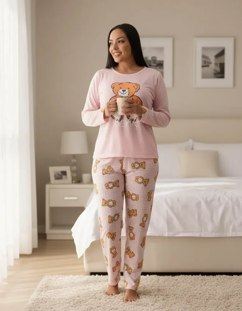 Pijamas De Frio Camisa E Calça De Malha Atacado Promoção Urso Rosa G 42/44