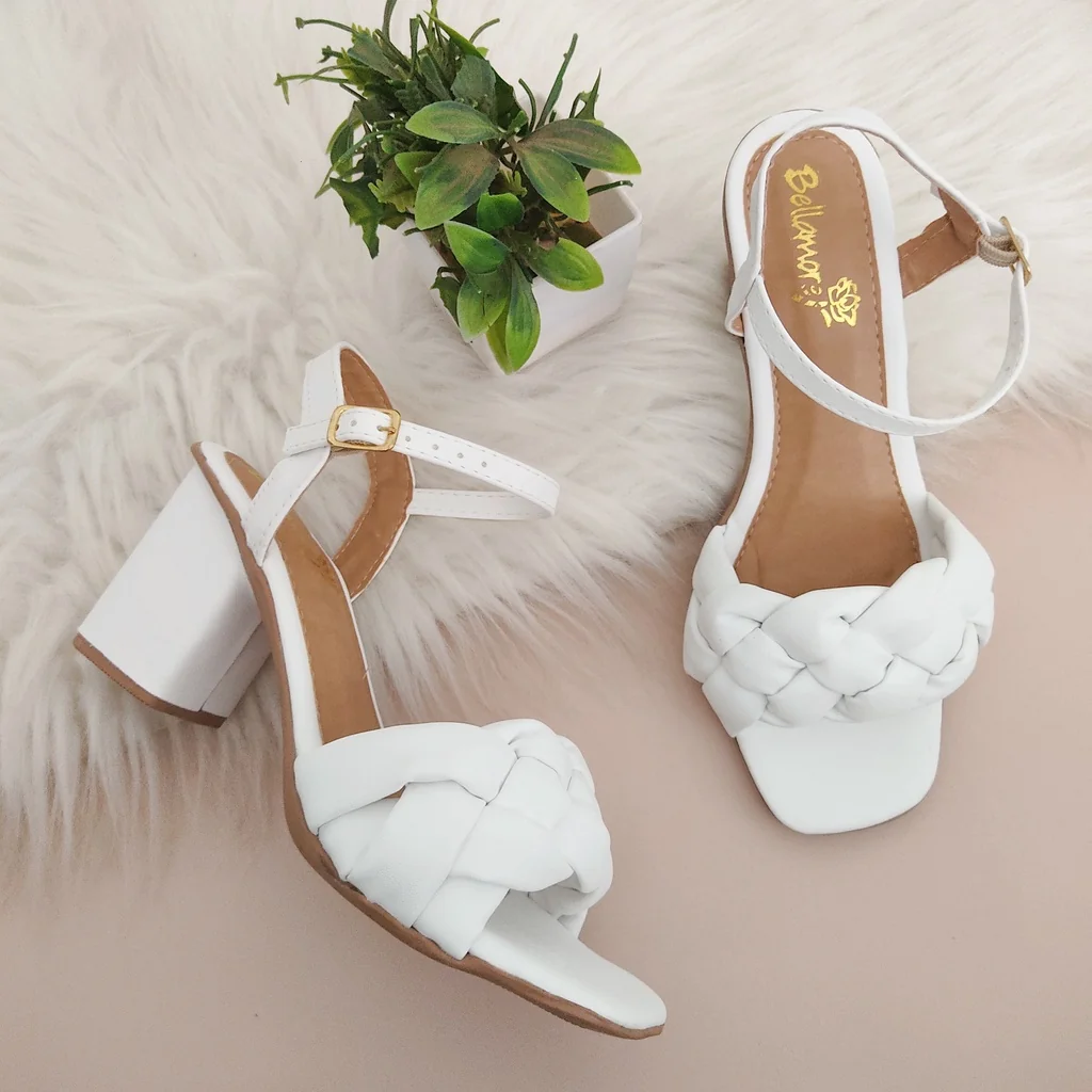 Sandalia Femenina Salto Grosso Médio Com Trança Confort Promoção Nude,Branco,Rosa,Preto,Dourado