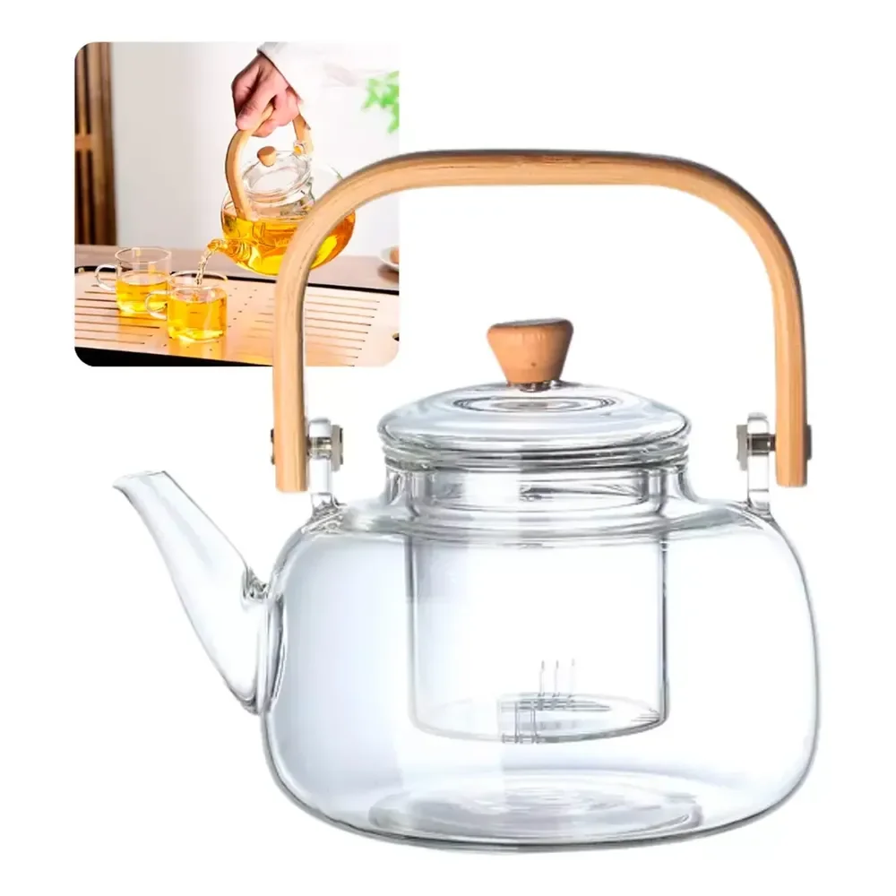 Bule  Chaleira De Vidro 1000ml Com Alça De Bambu