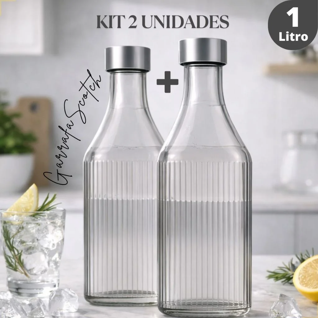Kit 2 Garrafas de Vidro 1L Água Geladeira Tampa Inox Canelada Scotch Filete Quadrada Hermética