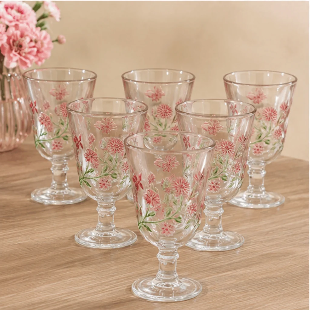 Jogo 6 Taças Para Água Lys Floral 240ml Lyor Vidro Decorado Hand Painting Rosa Premium