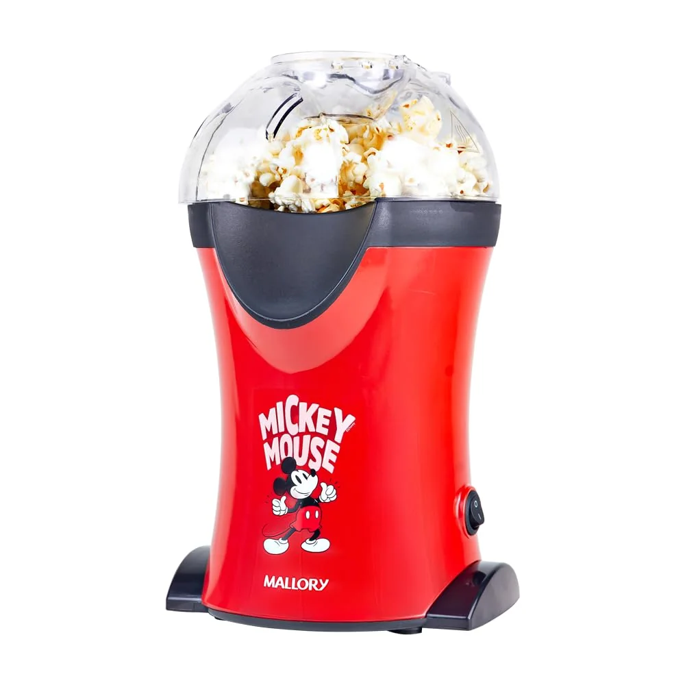 Pipoqueira Elétrica Mallory Mickey Mouse – Pipocas Sequinhas e Sem Óleo, Bocal Expedidor, Copo Medidor para Manteiga e Pés Antiderrapantes - 127V