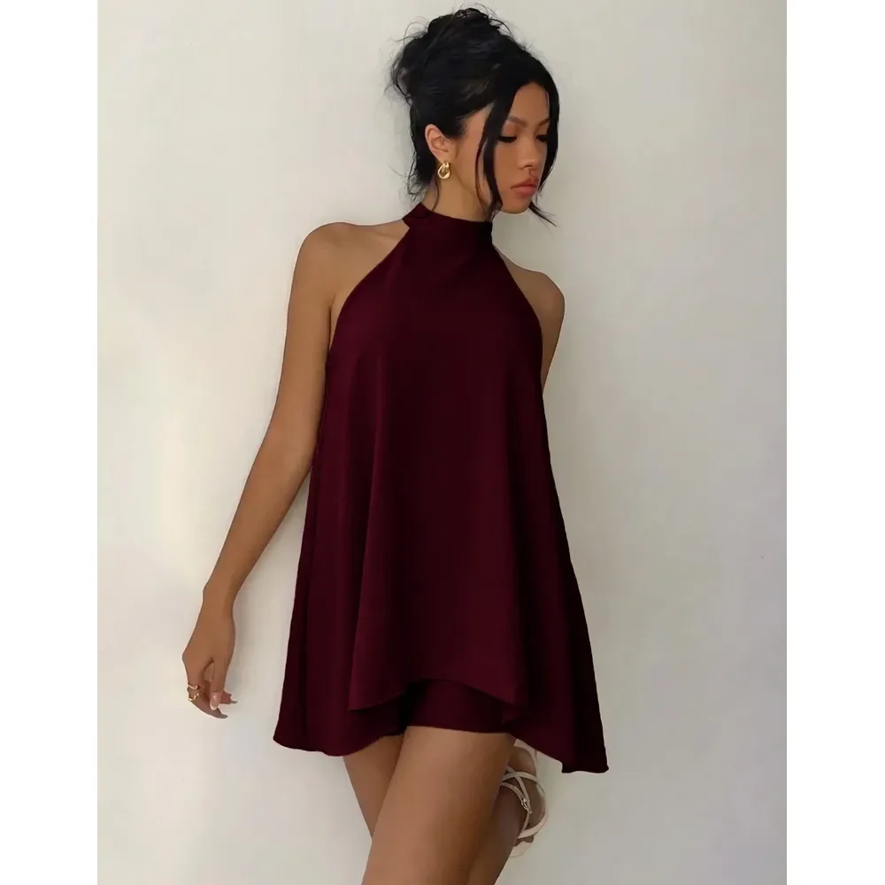 Conjunto Feminino Vestido Soltinho Frente Unica Short Verão Vinho Único