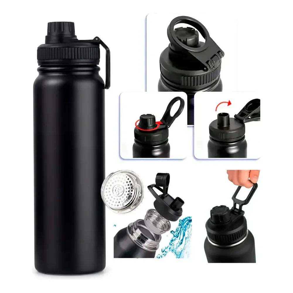 Garrafa Térmica Garrafinha Água 800ml Dupla Parede Vácuo Inox Tampa Com Alça Premium Sem Bpa Antivazamento Conserva Quente Café Chá Tereré Frio Squeeze Escolar Escritório Fit Academia Treino Preto