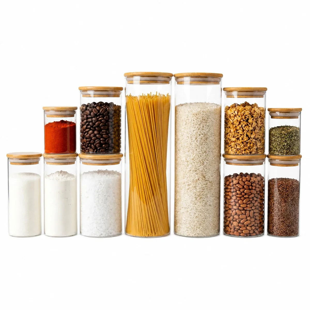 Kit 11 Potes de Vidro Herméticos com Tampa de Bambu para Mantimentos, Organizador de Cozinha, Porta Alimentos, Café, Açúcar, Grãos, Massas, Temperos e Cereais, Transparente Premium
