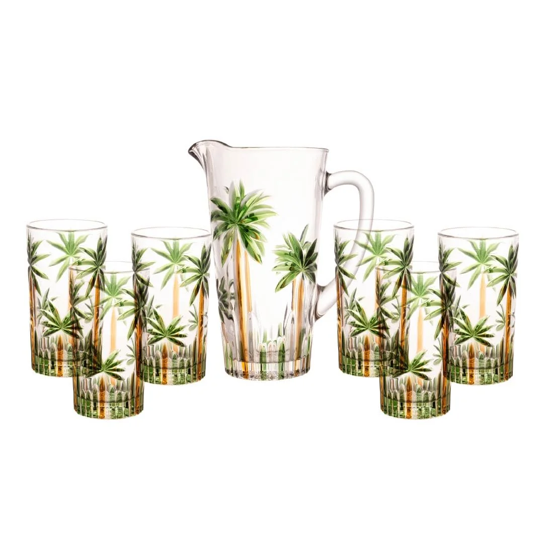 WOLFF - Conjunto Jarra com 6 Copos de Cristal Palm Tree Handpaint