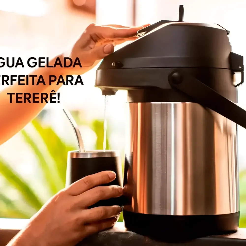 Garrafa Térmica 2,5 Litros Inox Com Alavanca Base Giratoria Prateado