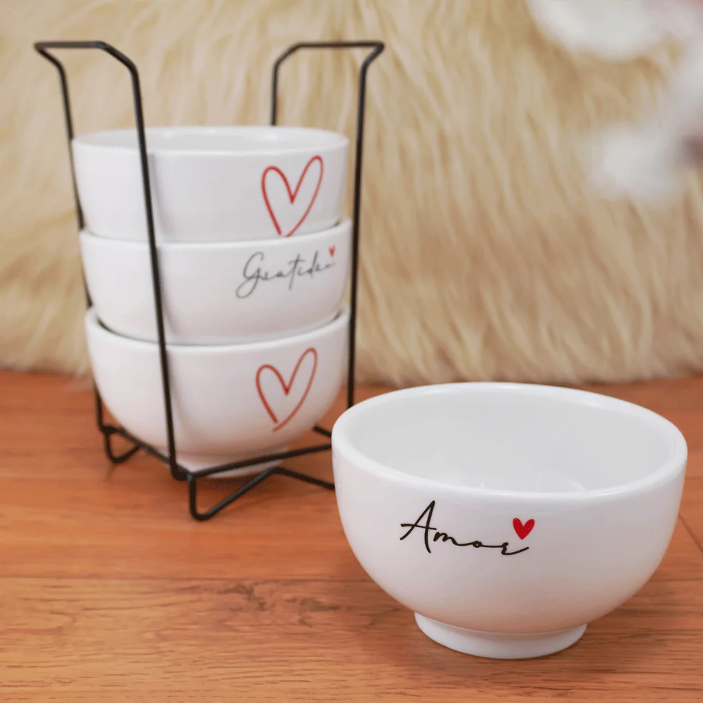 Kit Jogo 4  Bowl Tigelas Porcelana Cumbuca Sopa Açaí 350ml Decorada Amor Gratidão + Suporte