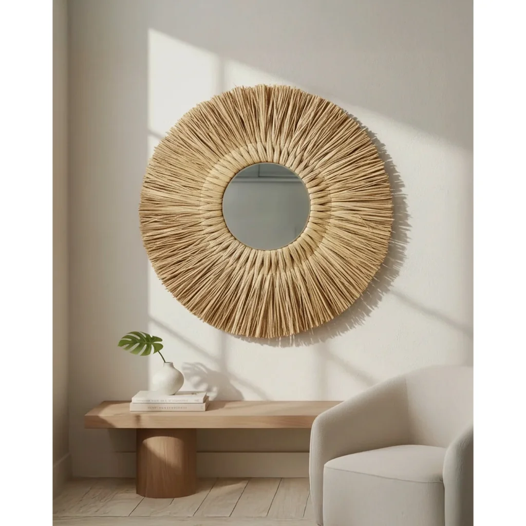 Decoração Boho Chic Praia Espelho Redondo Palha Natural 60 cm