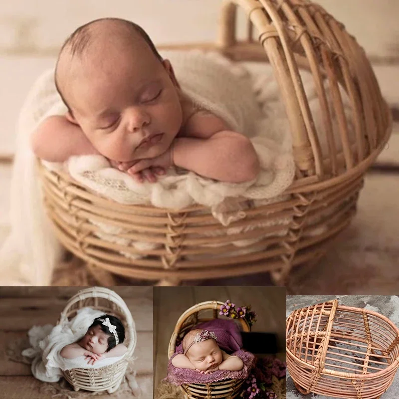 Recém-nascido Fotografia Props Rattan Round Container Basket Chair Bebe Foto Acessórios Recien Baby Girl Boy Posando Cama Fundo