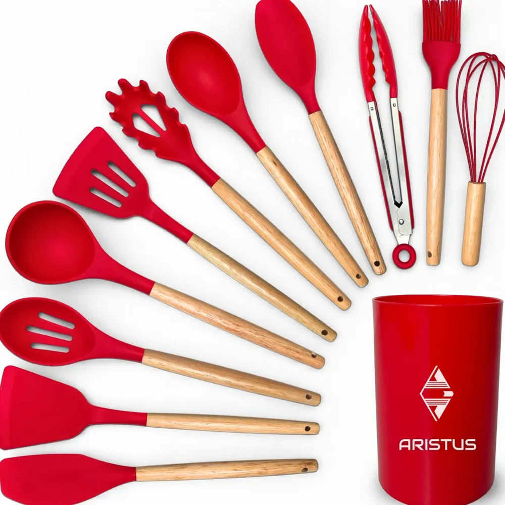 Kit 12 Utensílios De Cozinha Em Silicone Premium Com Cabo De Madeira Aristus Resistentes Ao Calor Até 220°c, Antiaderentes, Duráveis E Modernos Cor Vermelho