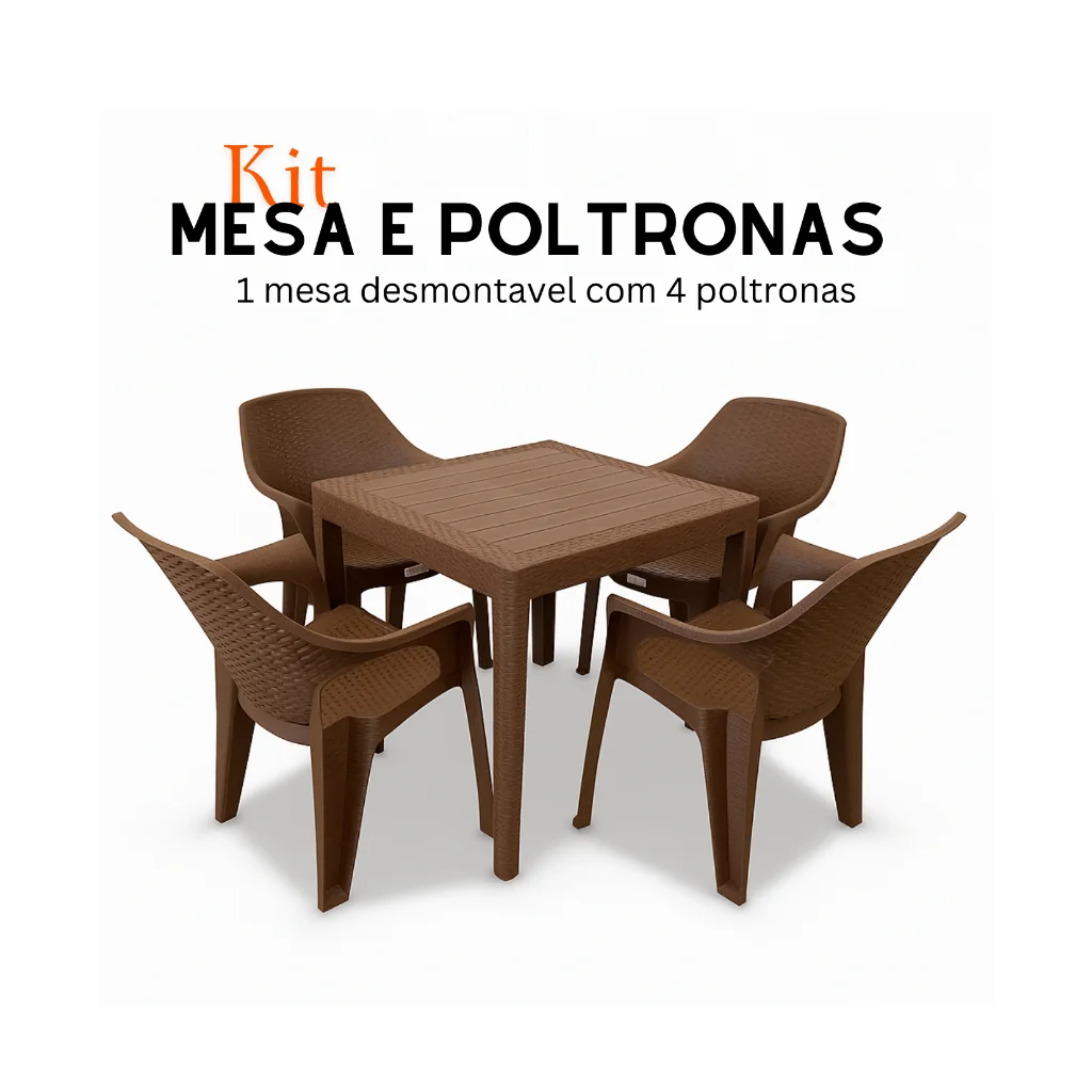 Kit Jogo De Mesa com 4 Cadeiras Rattan Empilhável