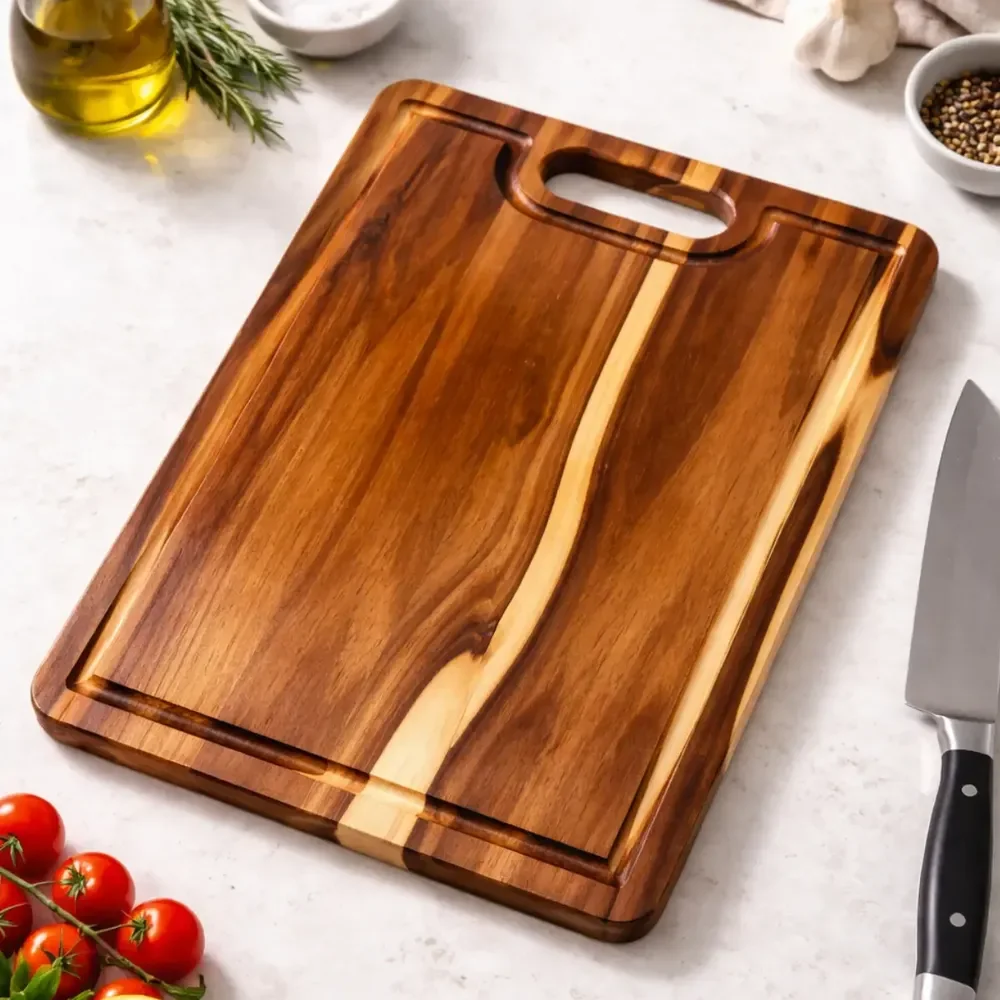 Tábua Churrasco Cozinha Corte Carne Grande 35x28 Madeira Teca Maciça Com Alça Brasa Store Lisa Marrom-claro