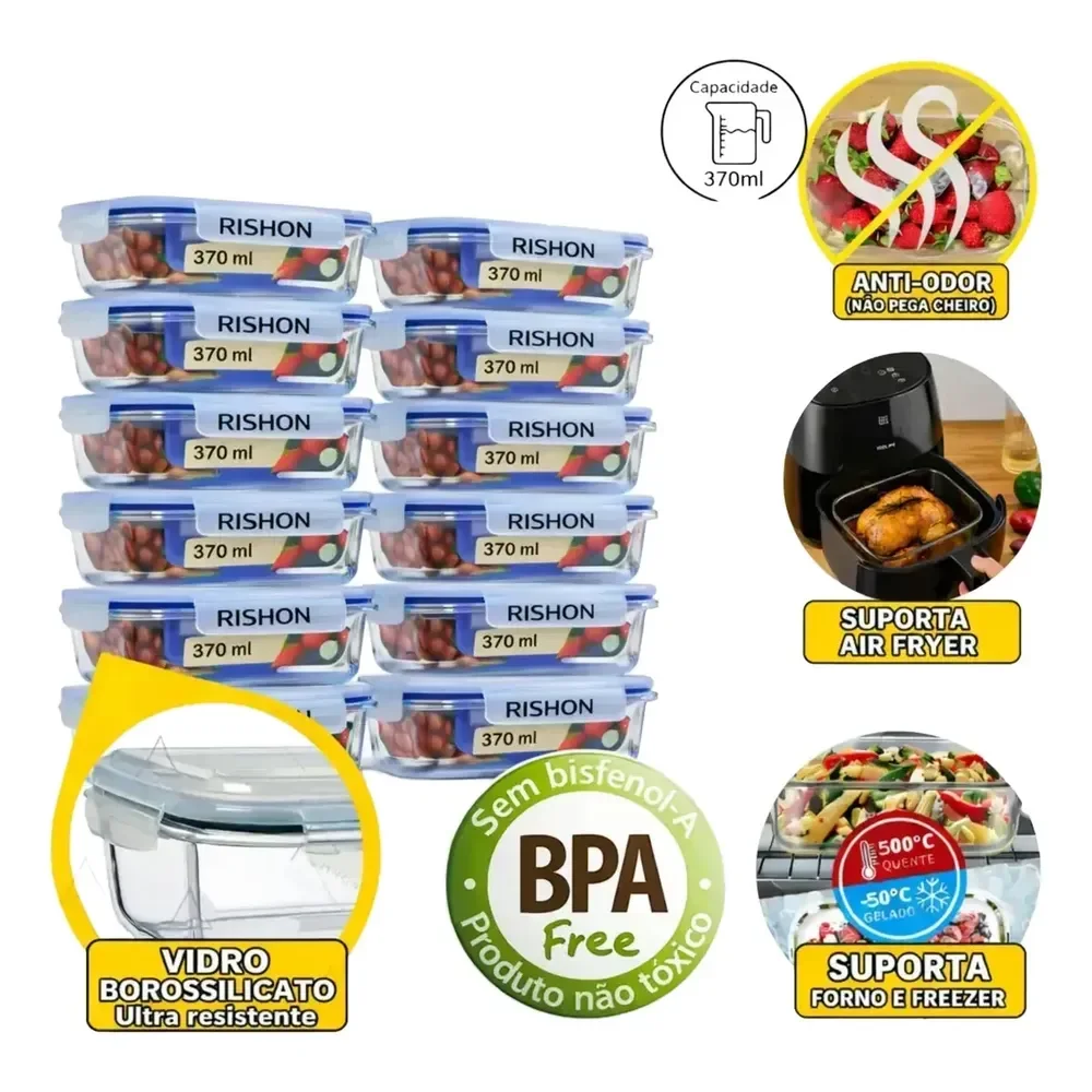 🛍 Kit 10 Pote De Vidro Marmita Hermético 370ml Freezer Fitness Rishon Transparente