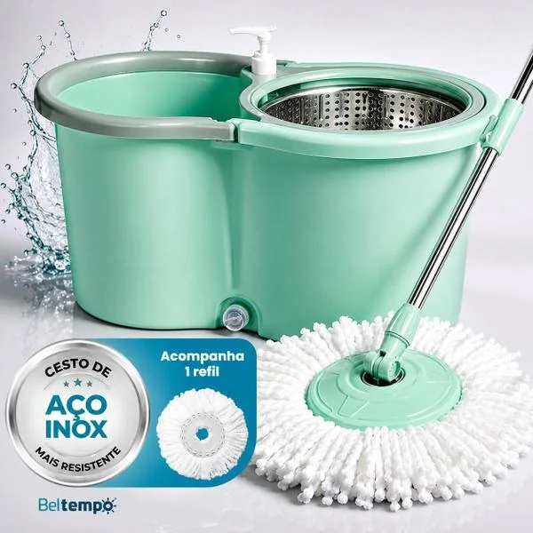 Mop Esfregão Giratório 360º Balde 16 Litros Cesto Inox Cabo Longo 1,40 metros Com Refil Rodas  E Alça Beltempo