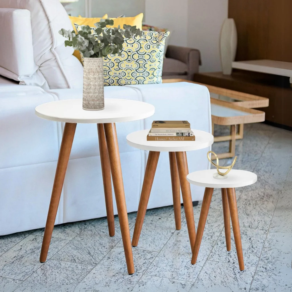🛍 Trio de Mesinhas Lateral Redondas Sala Pé Palito Retro