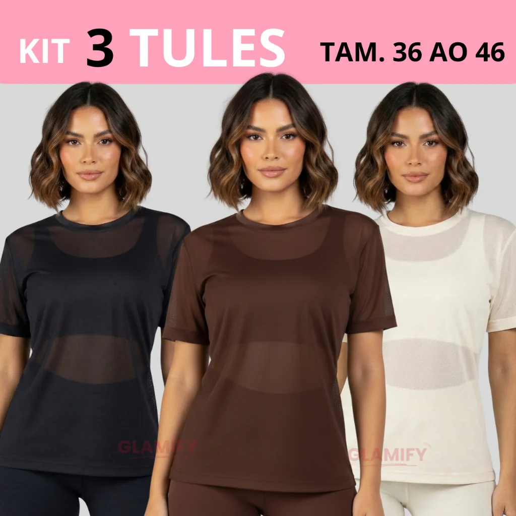 Kit 3 Blusa Tule Feminina Transparente de Academia Manga Curta Camisão Fitness Camiseta Treino