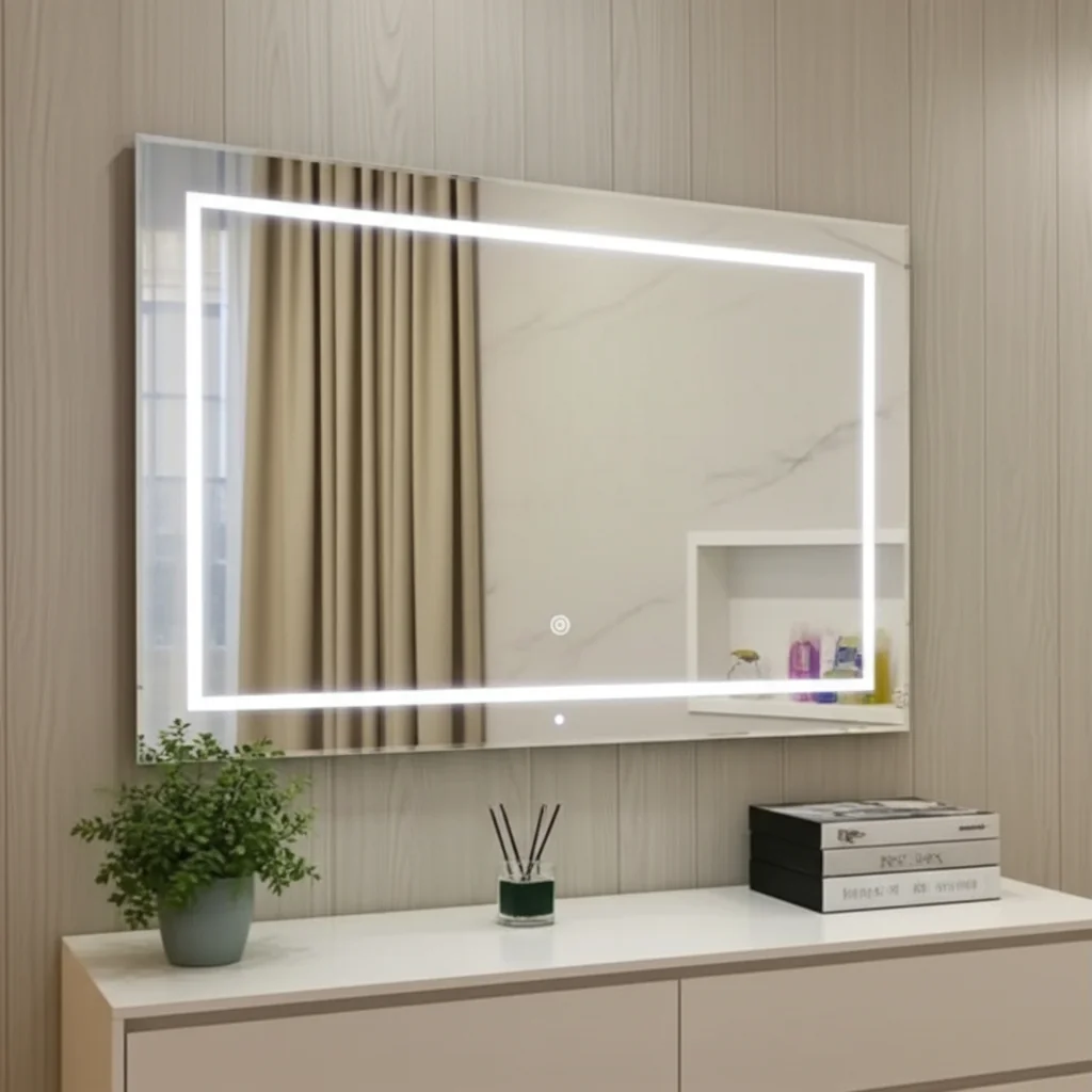 Espelho LED Jateado 120x70 cm Retangular Botão Touch para Banheiro Quarto Sala Lavabo Penteadeira