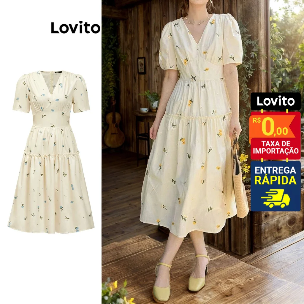 Lovito Vestido Feminino Midi Camponesa com Mangas Bufantes Floral DRB71ED267